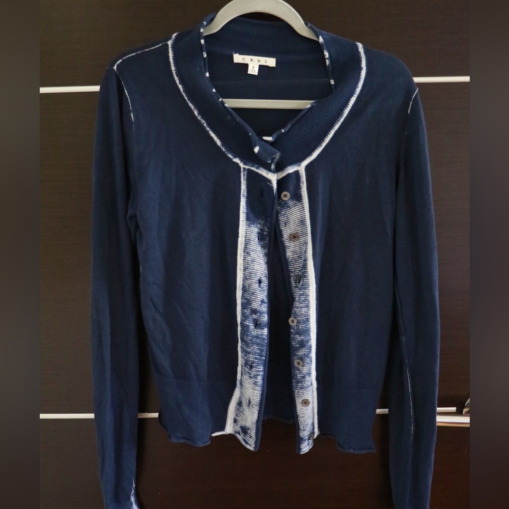 CAbi Dark Blue Cardigan with White Accents